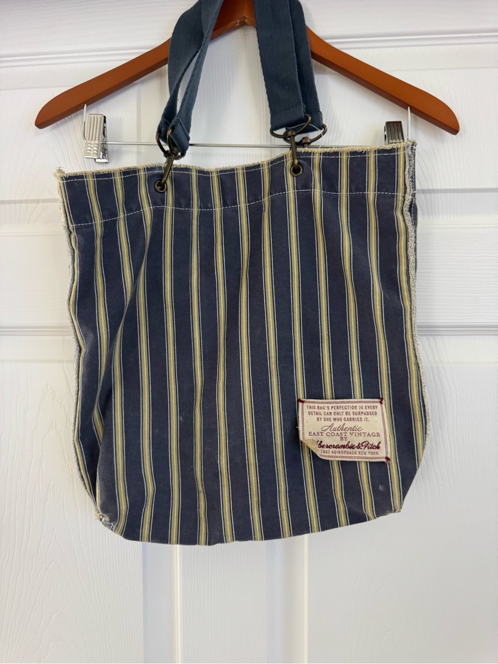 Striped Navy Canvas Tote Bag with Leather Patch